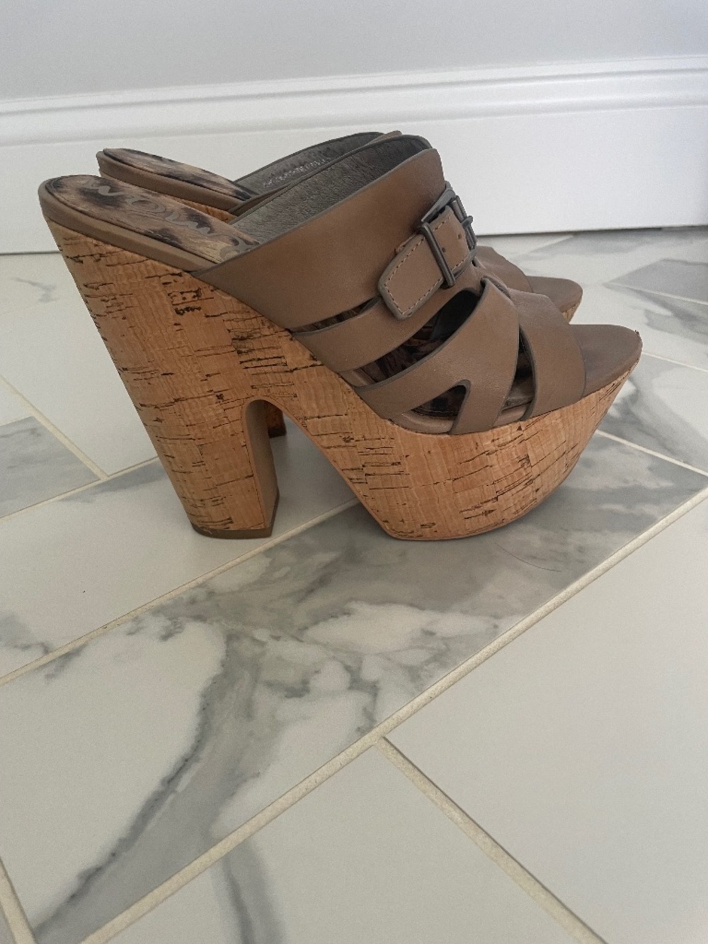 Sam Edelman Chase Cork Platform Sandals Taupe Leather High Heel Wedges
